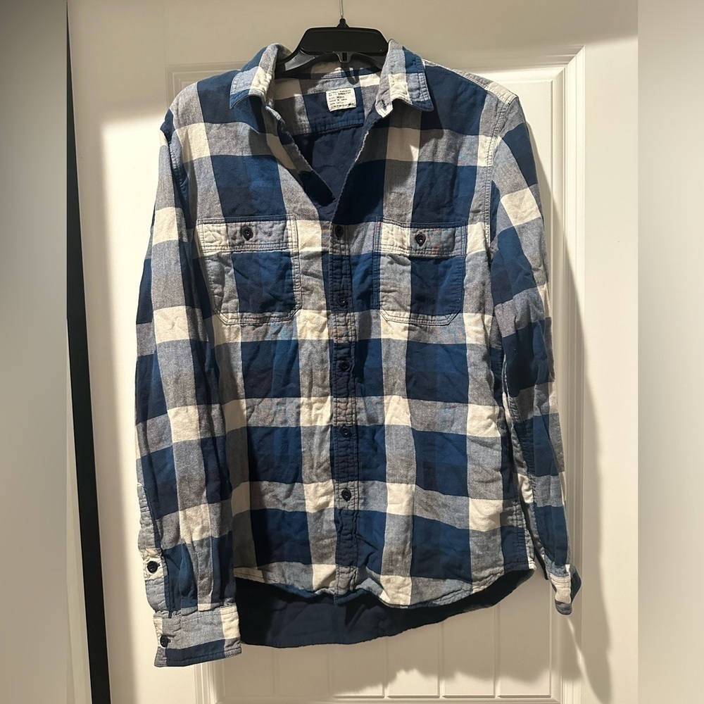 J.Crew Mens Authentic Workwear Dress Shirt Medium Blue Plaid Front Pocket Cotton